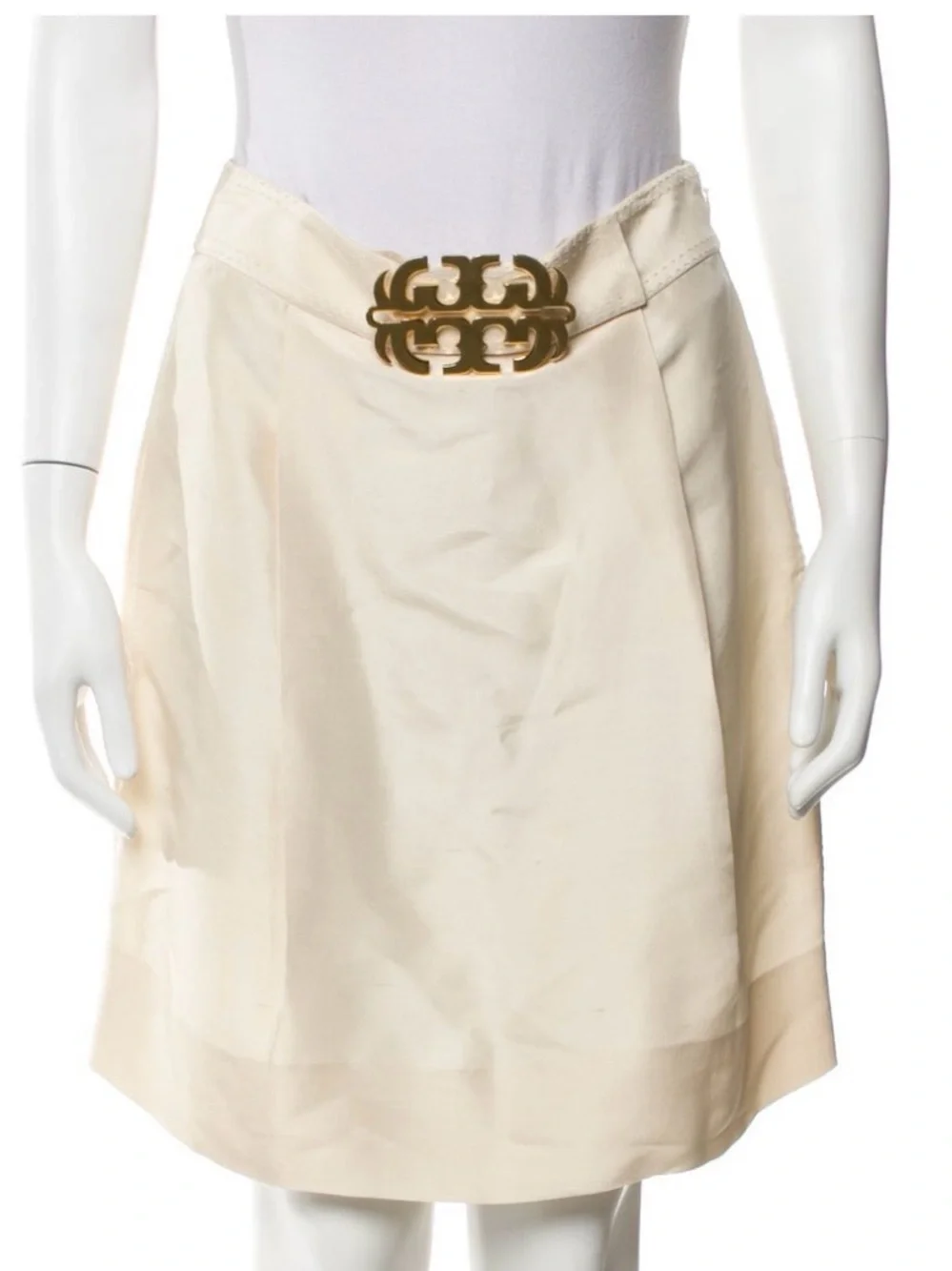 Tory Burch 100% Silk Cream A-Line Skirt with Gold Emblem